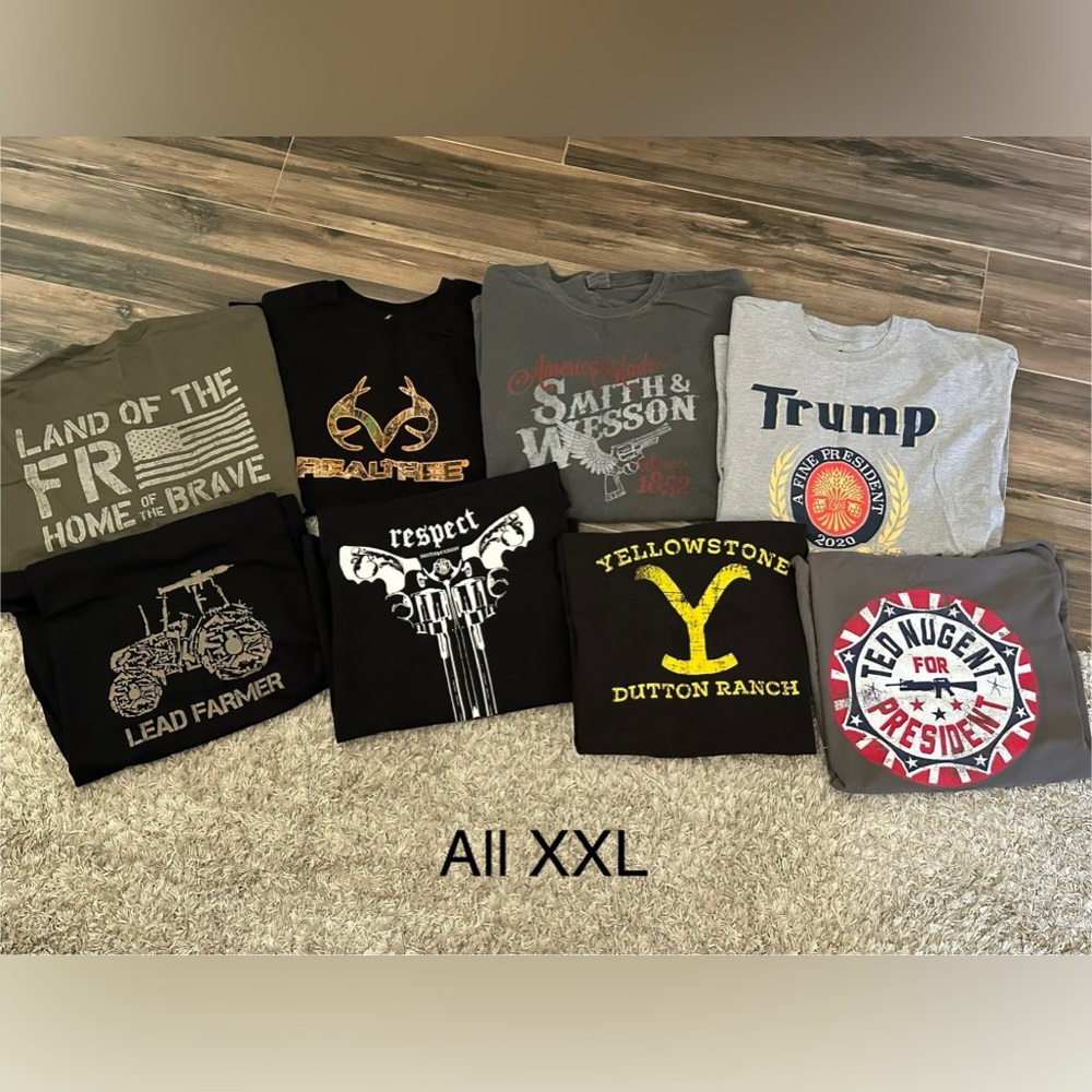 8 Men’s shirts XXL. Smith & Wesson, Realtree, Yellowstone, Trump, Ted Nugent